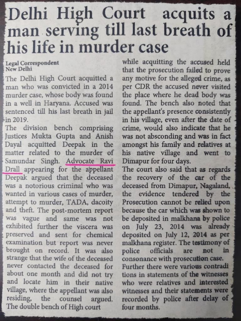 Acquittal in murder case Delhi High Court: Ravi Drall Advocate, Criminal Advocate Delhi